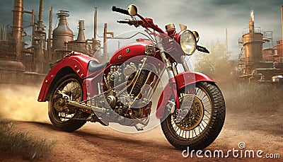 Realistic Red Motorcycle On Dirt Road - Meticulous Photorealistic Art Stock Photo