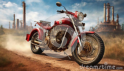 Realistic Red Motorcycle On Dirt Road - Meticulous Photorealistic Art Stock Photo