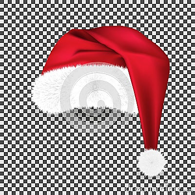 Realistic red traditional Santa Claus hat on transparent background. New year red hat for video chat photo effect or Vector Illustration