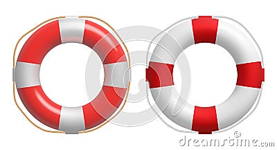Realistic red and white lifebuoy whith a rope. Vector safety torus. Vector Illustration