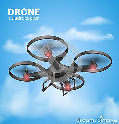 Realistic remote air drone quadrocopter flying in the sky and monitoring security. Isomertic view. Vector illustration Vector Illustration