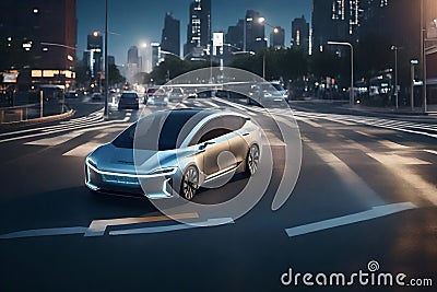 A realistic rendering of an autonomous electric car navigating a busy urban intersection Stock Photo