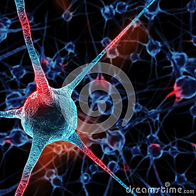 Realistic rendering of neurone - in red colors Stock Photo