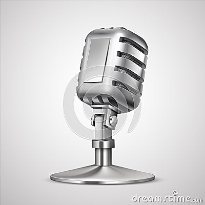 Realistic retro microphone. 3D vintage metal mic on holder, classic record equipment isolated on white. Vector studio Vector Illustration