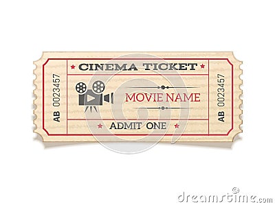 Realistic retro movie ticket isolated on white background. Vector Illustration