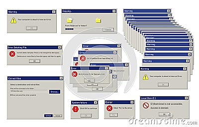 Realistic retro operating system errors vector flat illustration error message at old user interface Vector Illustration