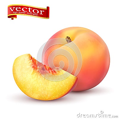 Realistic Ripe peaches, whole and slice. Peach juicy sweet fruit realistic 3d vector Vector Illustration