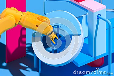 Realistic robotic mechanical arm on background with abstract geometric figures. Artificial Intelligence. 3d rendering. Stock Photo