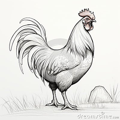 Realistic Rooster Drawing With Eastern Brushwork And Cartoonish Character Design Stock Photo