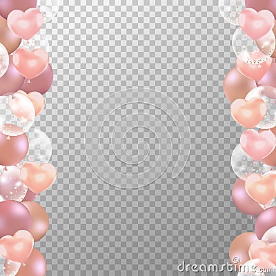 Realistic Rose gold balloons frame with transparent background. Party balloons vector for decorations wedding, birthday, Stock Photo