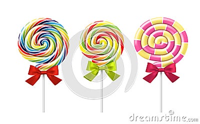 Realistic round candies striped swirl on stick collection vector multicolored childish lollipop Vector Illustration