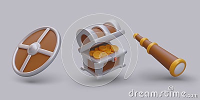 Realistic round shield, open chest with gold coins, folding spyglass Vector Illustration