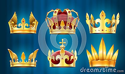 Realistic royal crown. King jewels, monarchs crowns with gems stones vector set Vector Illustration