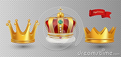 Realistic royal crowns. Vector luxury premium monarchy antique diadem diamonds and jewels and gold crowns isolated on Vector Illustration