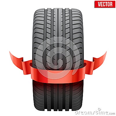 Realistic rubber tire symbol with red ribbon. Vector Illustration