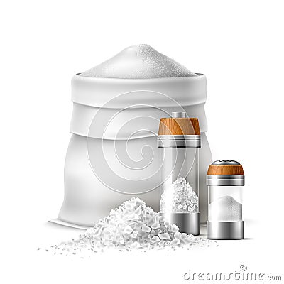 Realistic salt composition. Food products, salty cooking ingredient, white powder and crystals in bag and heaps Vector Illustration