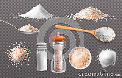 Realistic salt. Edible food seasoning in glass bottle. Himalayan condiment piles and spoons. Grains and powder of sea Vector Illustration