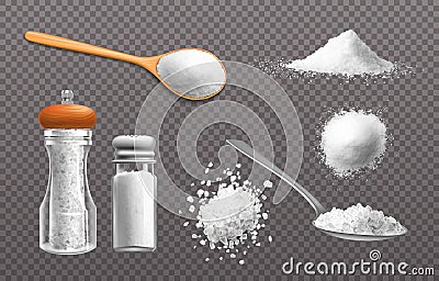 Realistic salt. Grains powder and piles of edible sea mineral crystals. 3D food seasoning in bottle and spoon. Culinary Vector Illustration