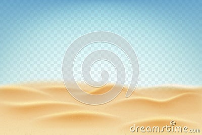 Realistic sand. Playa beach. Stones and sandy dunes. Tropical desert background. 3D sea coast. Ocean bottom. River waves Vector Illustration