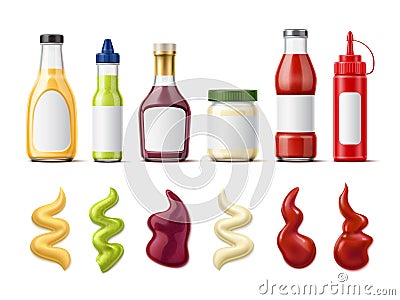 Realistic sauce bottle with splash. Meal dressing. Glass packaging for tomato ketchup and mayo. BBQ and mustard jars Vector Illustration