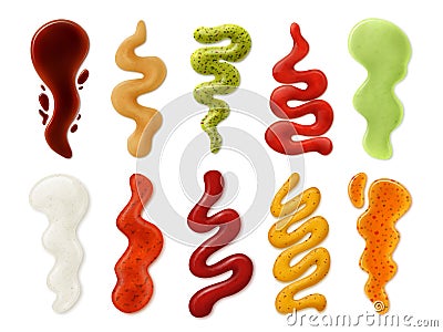 Realistic sauces strips. Tomato ketchup, mayonnaise, mustard, cheese and wasabi spicy sauce spots, splashes and stain 3d Vector Illustration