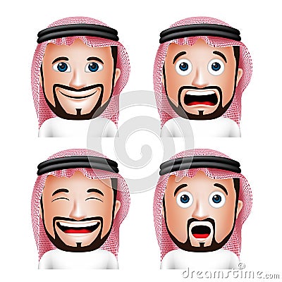 Realistic Saudi Arab Man Head with Different Facial Expressions Vector Illustration