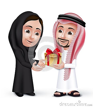 realistic saudi arab man wearing thobe giving golden gift red ribbon beautiful woman abaya as lovers 55267929