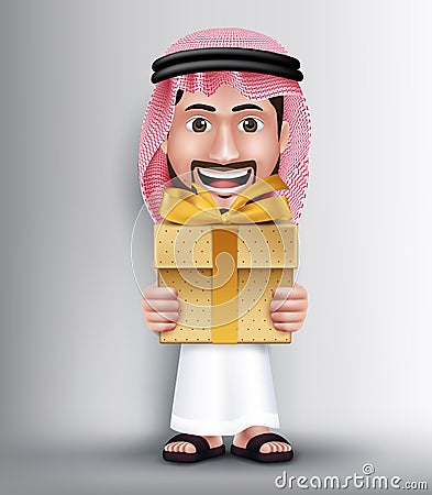 Realistic Saudi Arab Man Wearing Thobe Giving Golden Gift Vector Illustration