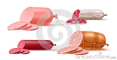 Realistic sausages with slices. Whole and sliced farm meat products, boiled and smoked, pork, beef and chicken Vector Illustration