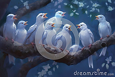 realistic scene of birds perched on tree branches, singing their melodious tunes Stock Photo