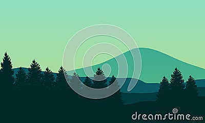 Realistic scenery of mountain landscape with silhouettes of spruce trees. Vector illustration Vector Illustration