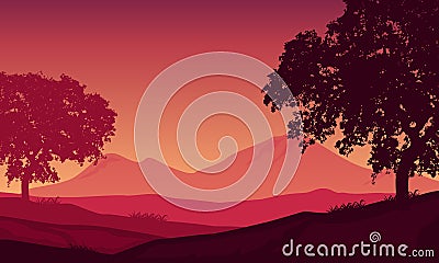 Realistic scenery of mountain landscape with silhouettes of trees. Vector illustration Vector Illustration