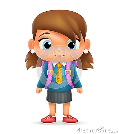 Realistic School Girl Child Cartoon Education Character Vector Illustration