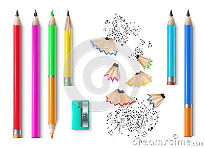 Realistic school stationery. Colorful pencils, sharpener, eraser and shaves. 3d creative tools, rubber and wood Vector Illustration