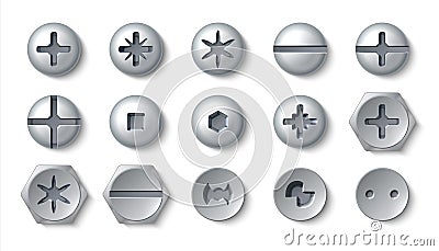 Realistic screws. Metal bolt head and steel rivets with washers and nuts. Vector top view of round and hexagonal screws Vector Illustration
