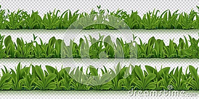 Realistic seamless grass border. Spring pattern with 3D spring herbs, realistic green grass background. Vector isolated Vector Illustration