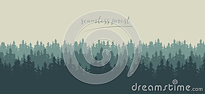 Realistic seamless illustration of silhouettes of green coniferous spruce or fir forest, under winter sky Vector Illustration