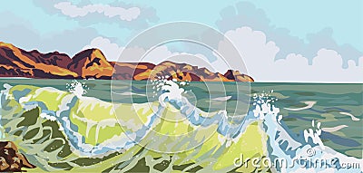 Realistic seascape. Mountain Beach in the storm. Summer background - Vector Cartoon Illustration