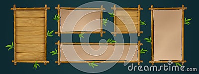 Realistic set of bamboo wood and paper signboards Vector Illustration