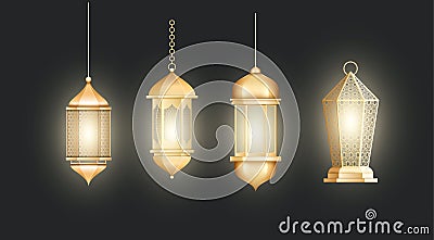 Realistic set of beautiful muslim ornamental lamps hang on chainlets. Gold, bronze oriental lanterns Vector Illustration