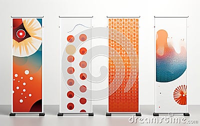 Rewrite this title : realistic set of blank roll up banners Generative AI Stock Photo
