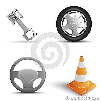 Realistic Set of car repair elements on transparent background. Traffic Cone, Tire, Steering wheel, Engine pistons. Vector Stock Photo