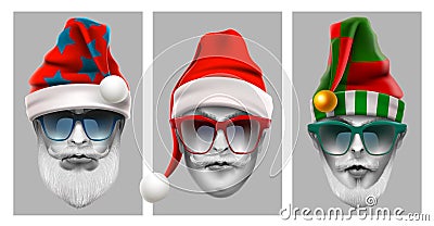 Realistic set of comic avatars of trendy santa claus hipsters. Stylish Santa men in sunglasses. Vector Illustration