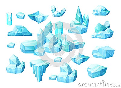 Realistic set of crystals of ice, iceberg broken pieces of ice Vector Illustration