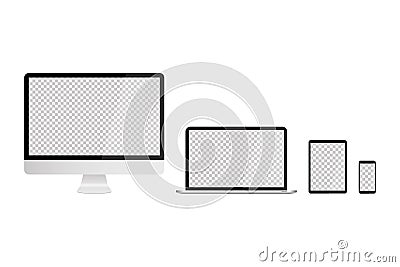 Realistic set of devices personal computer laptop tablet mobile phone with empty screens on white background. Screen isolated Stock Photo