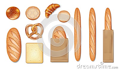 Realistic set of food cracker, bread, pretzel, croissant, bagel, french baguette, snack, cookie, bun, sliced bread Vector Illustration