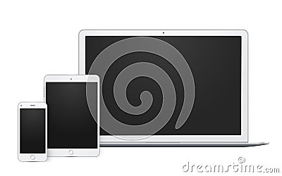 Realistic set of gadgets, open laptop, phone template and pad mock up with blank screen. Vector Illustration