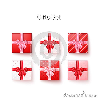 Realistic set of gift boxes with silk bows top view. Square and heart shape boxes. Vector Vector Illustration