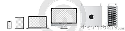 Realistic set of Mac pro, imac, macbook, ipad, iphone by Apple Inc. Vector Illustration