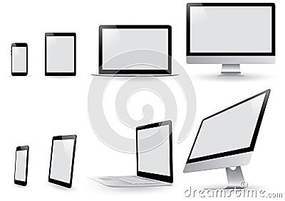 Realistic Set Monitors PC, Laptop, Tablet and Phone Vector Illustration